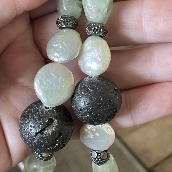 Natural Baroque Coin Pearl Moss Agate Lava Bead Necklace Sterling Silver Heart - Picture 4 of 8